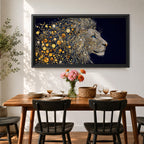 Panoramic artwork of a majestic lion profile formed with shimmering gold circular elements on a deep navy background, creating a striking abstract wildlife portrait.