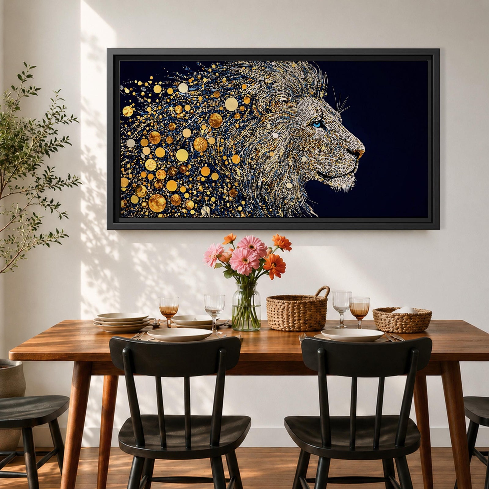Panoramic artwork of a majestic lion profile formed with shimmering gold circular elements on a deep navy background, creating a striking abstract wildlife portrait.