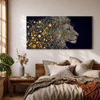 Panoramic artwork of a majestic lion profile formed with shimmering gold circular elements on a deep navy background, creating a striking abstract wildlife portrait.