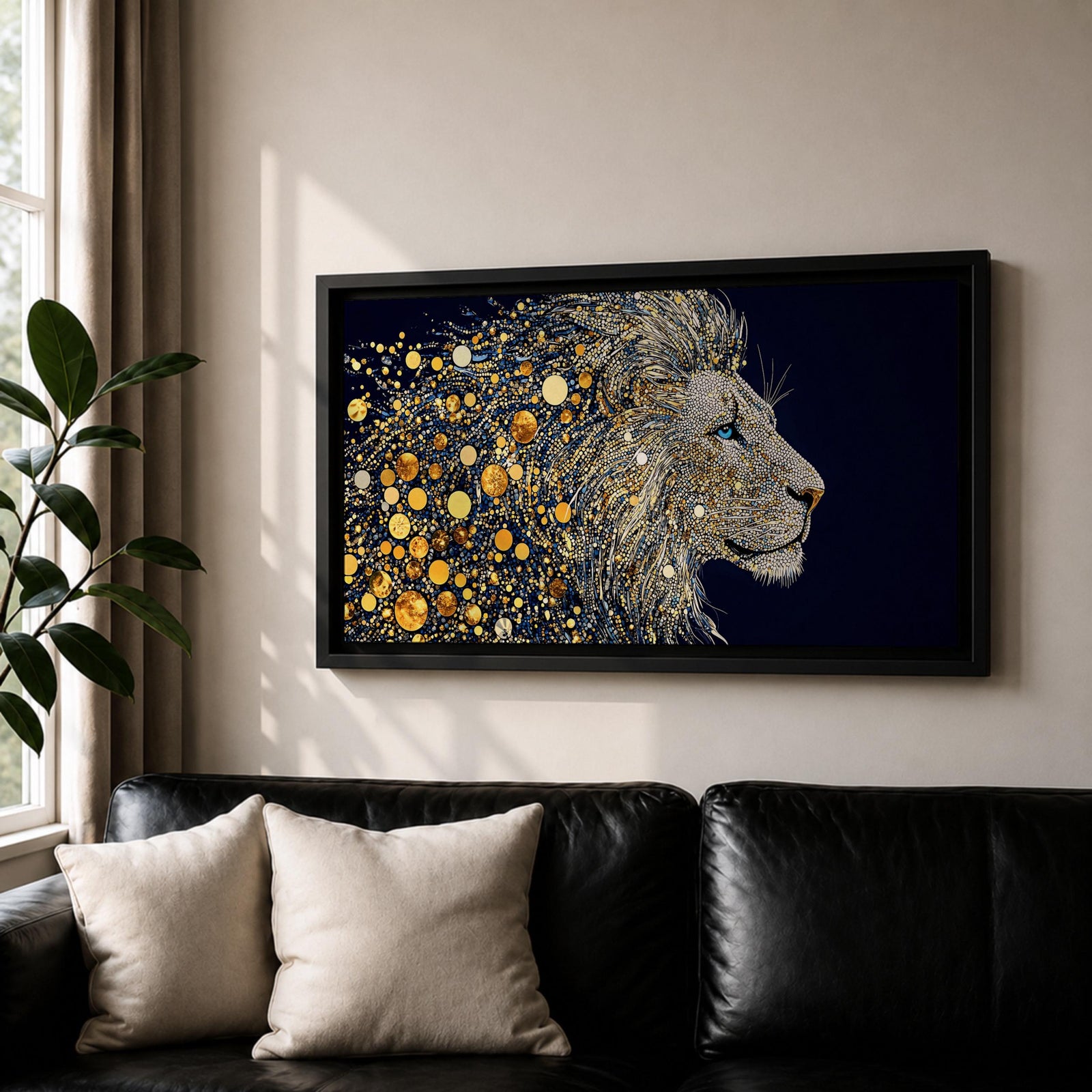 Panoramic artwork of a majestic lion profile formed with shimmering gold circular elements on a deep navy background, creating a striking abstract wildlife portrait.