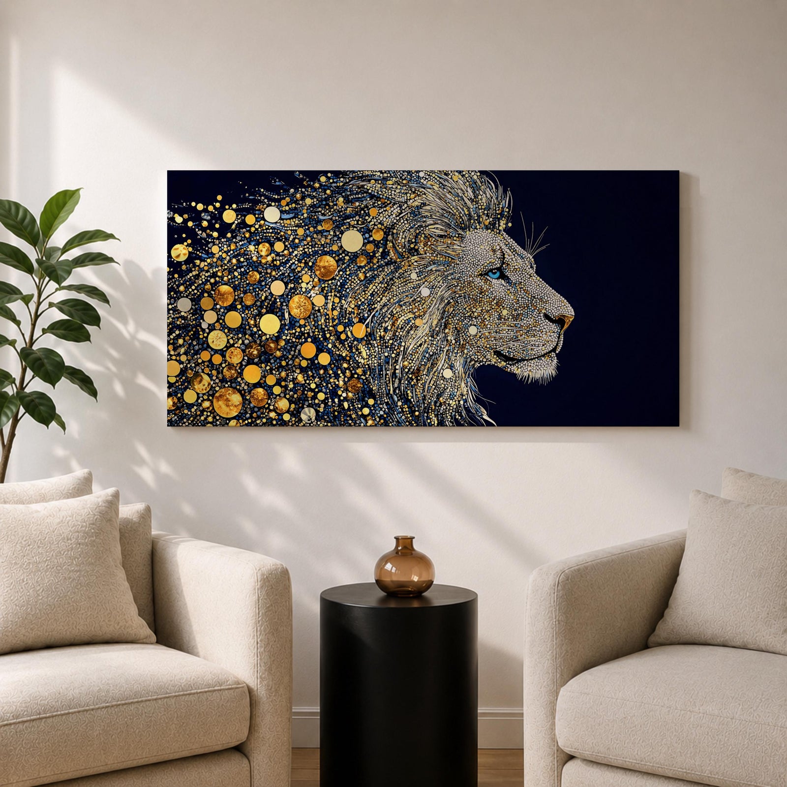 Panoramic artwork of a majestic lion profile formed with shimmering gold circular elements on a deep navy background, creating a striking abstract wildlife portrait.