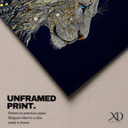 Panoramic artwork of a majestic lion profile formed with shimmering gold circular elements on a deep navy background, creating a striking abstract wildlife portrait.