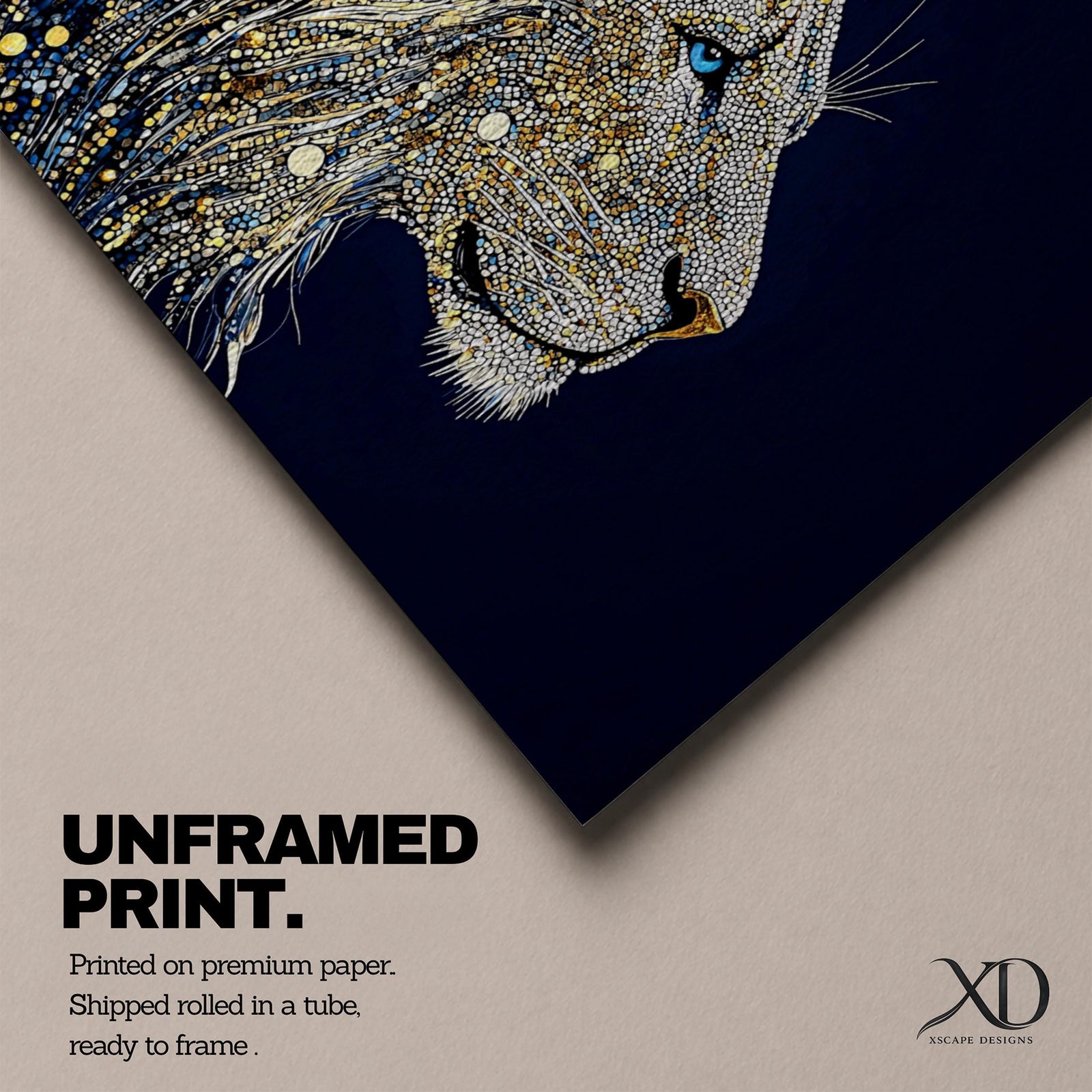 Panoramic artwork of a majestic lion profile formed with shimmering gold circular elements on a deep navy background, creating a striking abstract wildlife portrait.