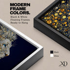 Panoramic artwork of a majestic lion profile formed with shimmering gold circular elements on a deep navy background, creating a striking abstract wildlife portrait.