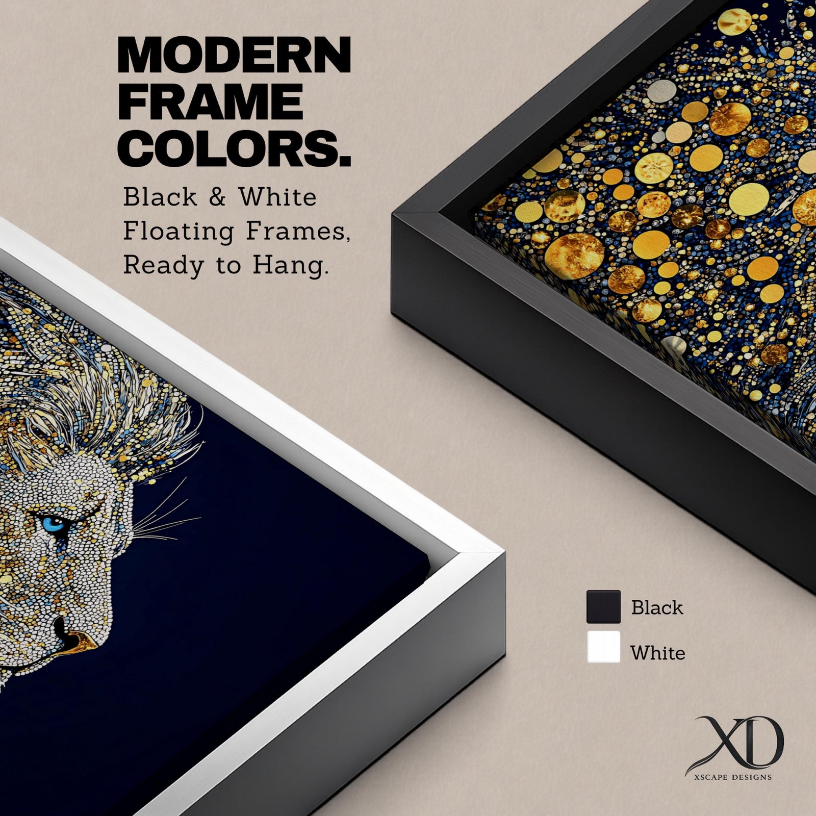 Panoramic artwork of a majestic lion profile formed with shimmering gold circular elements on a deep navy background, creating a striking abstract wildlife portrait.