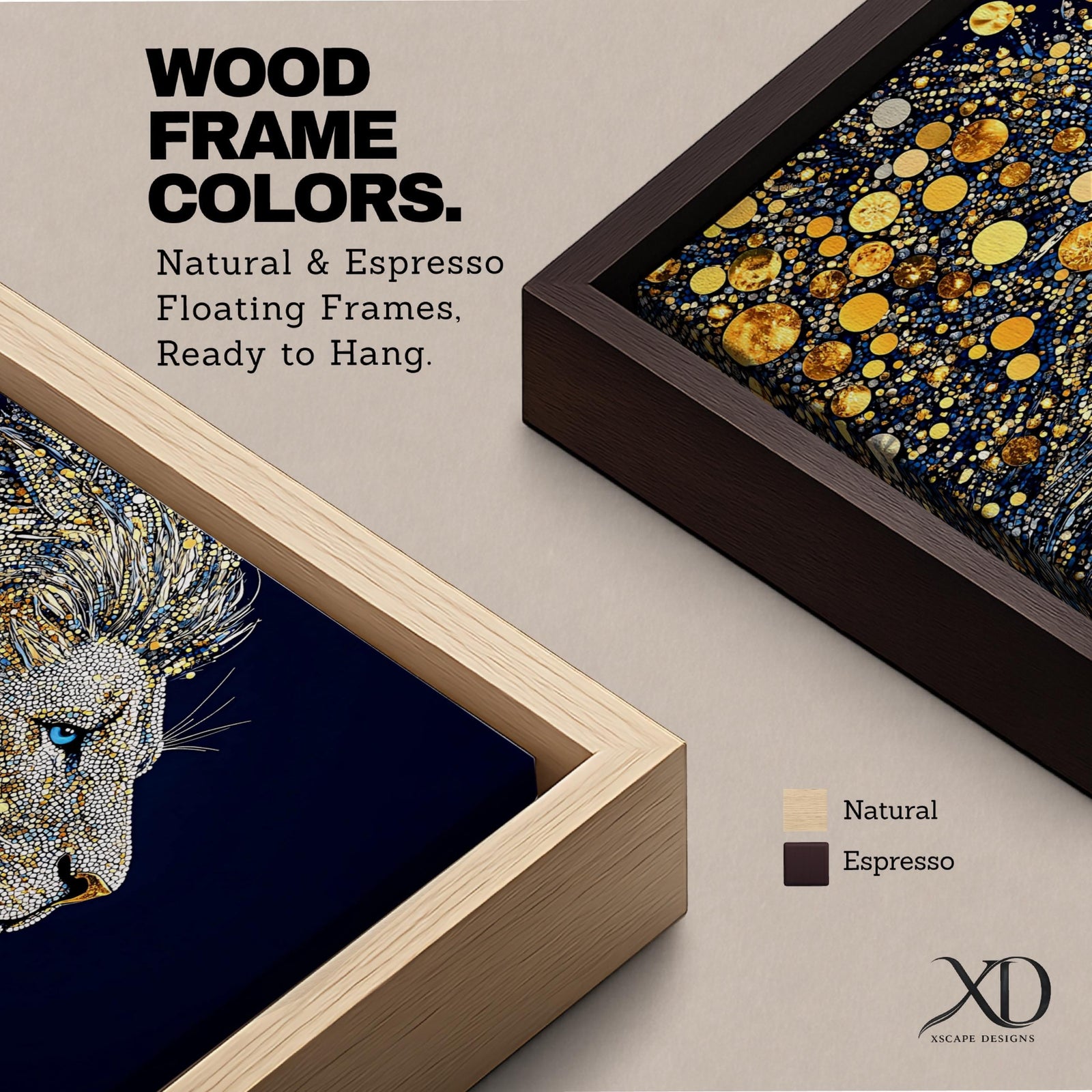 Panoramic artwork of a majestic lion profile formed with shimmering gold circular elements on a deep navy background, creating a striking abstract wildlife portrait.