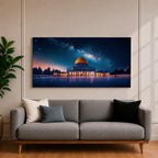 Panoramic night scene of the Dome of the Rock mosque in Jerusalem illuminated beneath a star filled sky and Milky Way galaxy. The golden dome reflects soft light across the courtyard while the historic Islamic architecture stands against the deep blue night horizon.