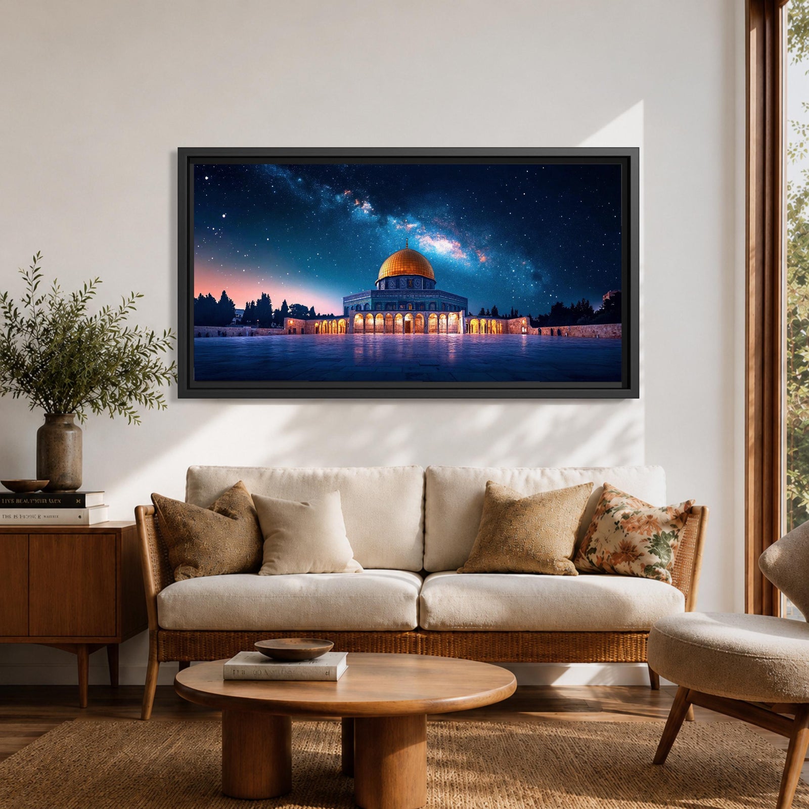 Panoramic night scene of the Dome of the Rock mosque in Jerusalem illuminated beneath a star filled sky and Milky Way galaxy. The golden dome reflects soft light across the courtyard while the historic Islamic architecture stands against the deep blue night horizon.