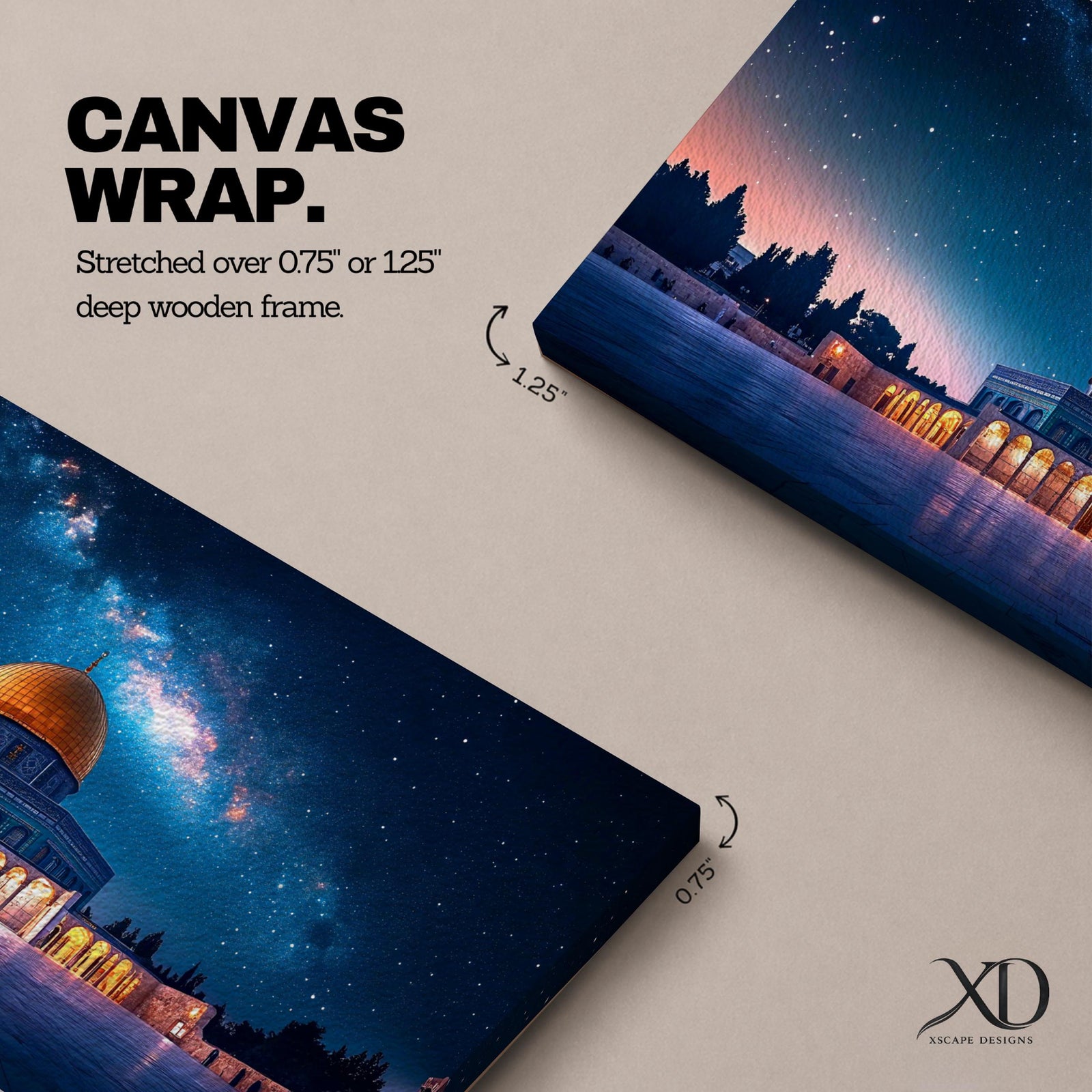 Panoramic night scene of the Dome of the Rock mosque in Jerusalem illuminated beneath a star filled sky and Milky Way galaxy. The golden dome reflects soft light across the courtyard while the historic Islamic architecture stands against the deep blue night horizon.