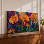 Panoramic painting of vibrant poppy flowers with bold orange petals rising from green stems against an expressive colorful abstract background filled with splashes of purple, blue, and gold tones.