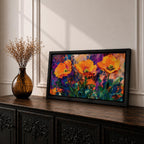 Panoramic painting of vibrant poppy flowers with bold orange petals rising from green stems against an expressive colorful abstract background filled with splashes of purple, blue, and gold tones.