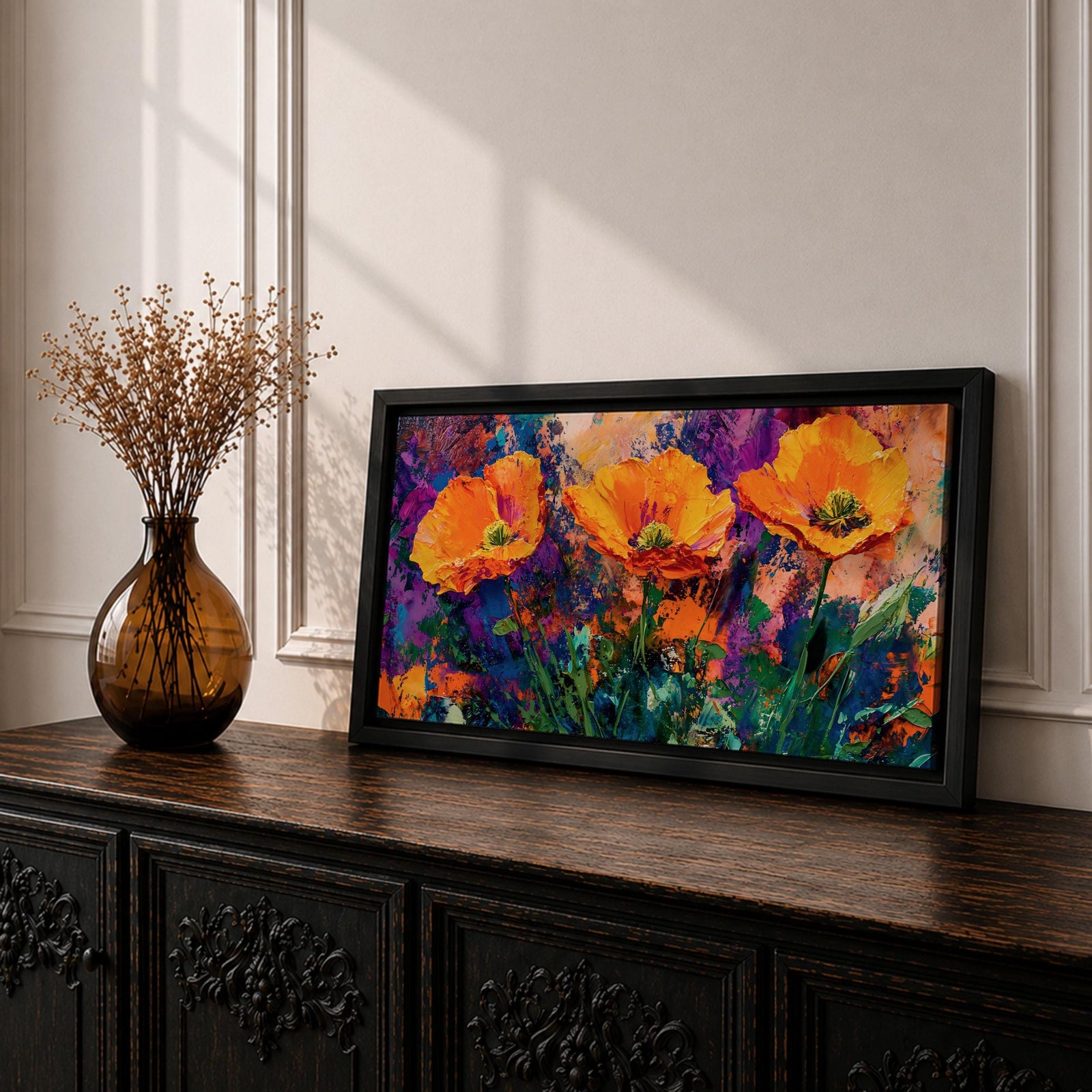 Panoramic painting of vibrant poppy flowers with bold orange petals rising from green stems against an expressive colorful abstract background filled with splashes of purple, blue, and gold tones.