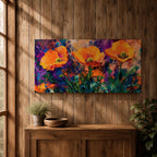 Panoramic painting of vibrant poppy flowers with bold orange petals rising from green stems against an expressive colorful abstract background filled with splashes of purple, blue, and gold tones.