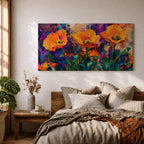 Panoramic painting of vibrant poppy flowers with bold orange petals rising from green stems against an expressive colorful abstract background filled with splashes of purple, blue, and gold tones.