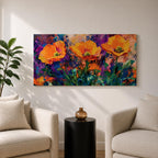Panoramic painting of vibrant poppy flowers with bold orange petals rising from green stems against an expressive colorful abstract background filled with splashes of purple, blue, and gold tones.