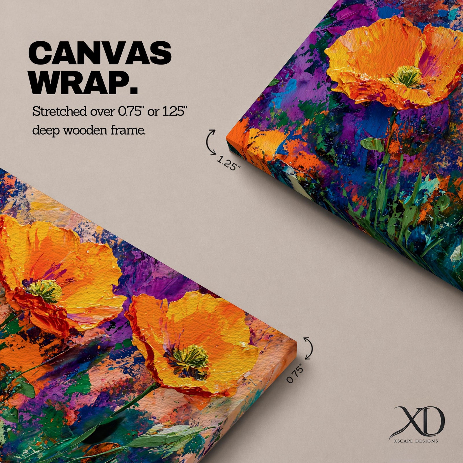 Panoramic painting of vibrant poppy flowers with bold orange petals rising from green stems against an expressive colorful abstract background filled with splashes of purple, blue, and gold tones.