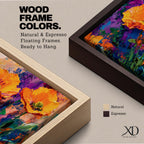 Panoramic painting of vibrant poppy flowers with bold orange petals rising from green stems against an expressive colorful abstract background filled with splashes of purple, blue, and gold tones.