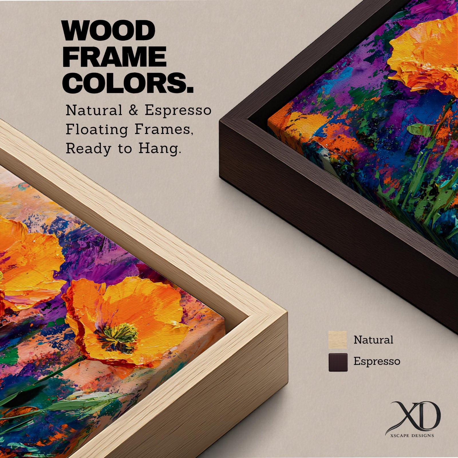 Panoramic painting of vibrant poppy flowers with bold orange petals rising from green stems against an expressive colorful abstract background filled with splashes of purple, blue, and gold tones.