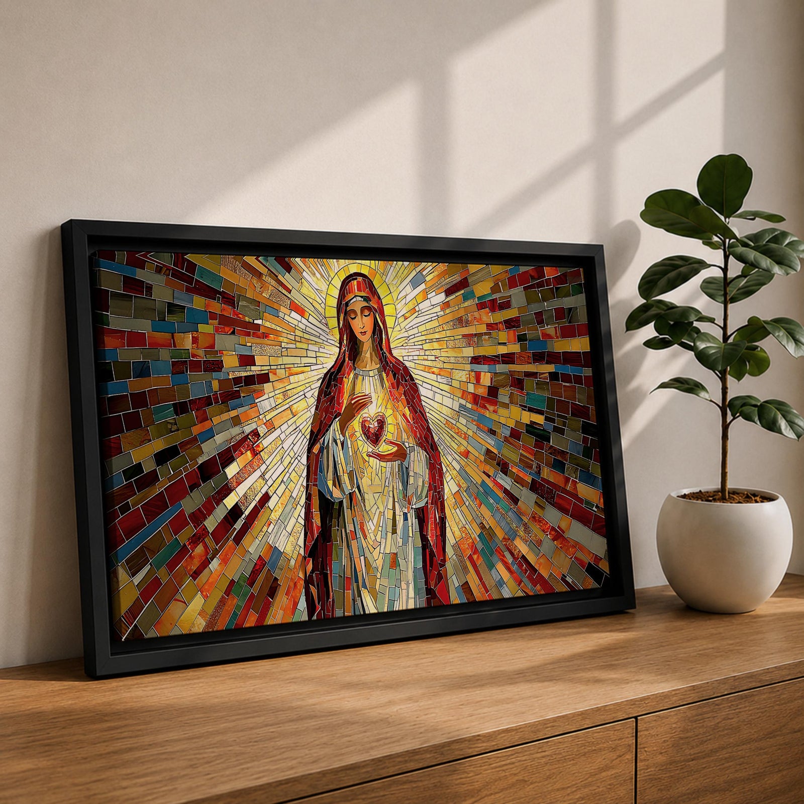 Panoramic mosaic artwork of the Virgin Mary holding the Sacred Heart with radiant stained glass rays spreading outward. The colorful tile composition forms a glowing religious icon surrounded by warm golden light and vibrant red, blue, and amber glass patterns.