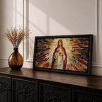 Panoramic mosaic artwork of the Virgin Mary holding the Sacred Heart with radiant stained glass rays spreading outward. The colorful tile composition forms a glowing religious icon surrounded by warm golden light and vibrant red, blue, and amber glass patterns.