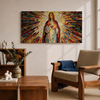 Panoramic mosaic artwork of the Virgin Mary holding the Sacred Heart with radiant stained glass rays spreading outward. The colorful tile composition forms a glowing religious icon surrounded by warm golden light and vibrant red, blue, and amber glass patterns.