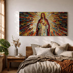 Panoramic mosaic artwork of the Virgin Mary holding the Sacred Heart with radiant stained glass rays spreading outward. The colorful tile composition forms a glowing religious icon surrounded by warm golden light and vibrant red, blue, and amber glass patterns.