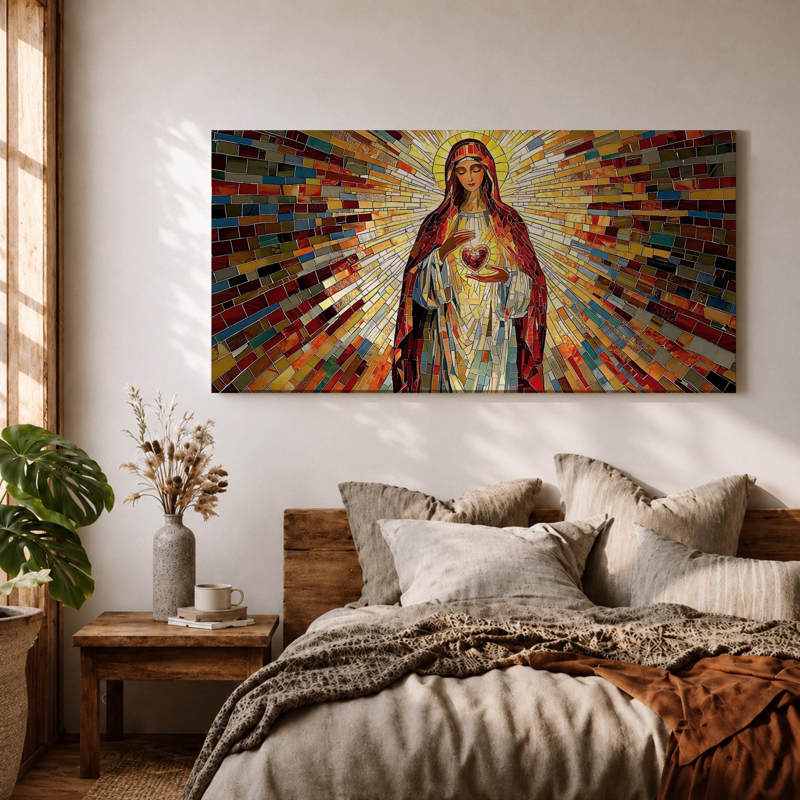 Panoramic mosaic artwork of the Virgin Mary holding the Sacred Heart with radiant stained glass rays spreading outward. The colorful tile composition forms a glowing religious icon surrounded by warm golden light and vibrant red, blue, and amber glass patterns.