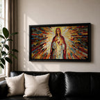 Panoramic mosaic artwork of the Virgin Mary holding the Sacred Heart with radiant stained glass rays spreading outward. The colorful tile composition forms a glowing religious icon surrounded by warm golden light and vibrant red, blue, and amber glass patterns.