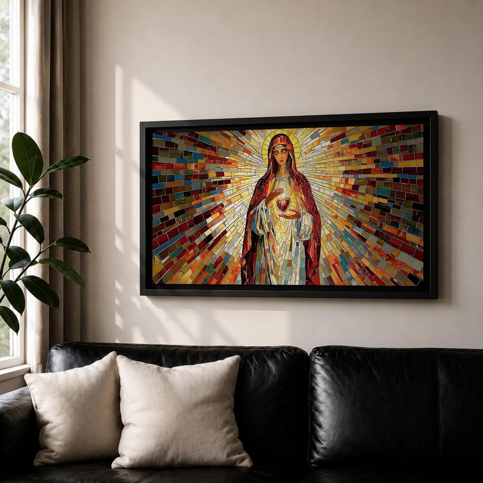 Panoramic mosaic artwork of the Virgin Mary holding the Sacred Heart with radiant stained glass rays spreading outward. The colorful tile composition forms a glowing religious icon surrounded by warm golden light and vibrant red, blue, and amber glass patterns.