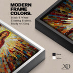 Panoramic mosaic artwork of the Virgin Mary holding the Sacred Heart with radiant stained glass rays spreading outward. The colorful tile composition forms a glowing religious icon surrounded by warm golden light and vibrant red, blue, and amber glass patterns.