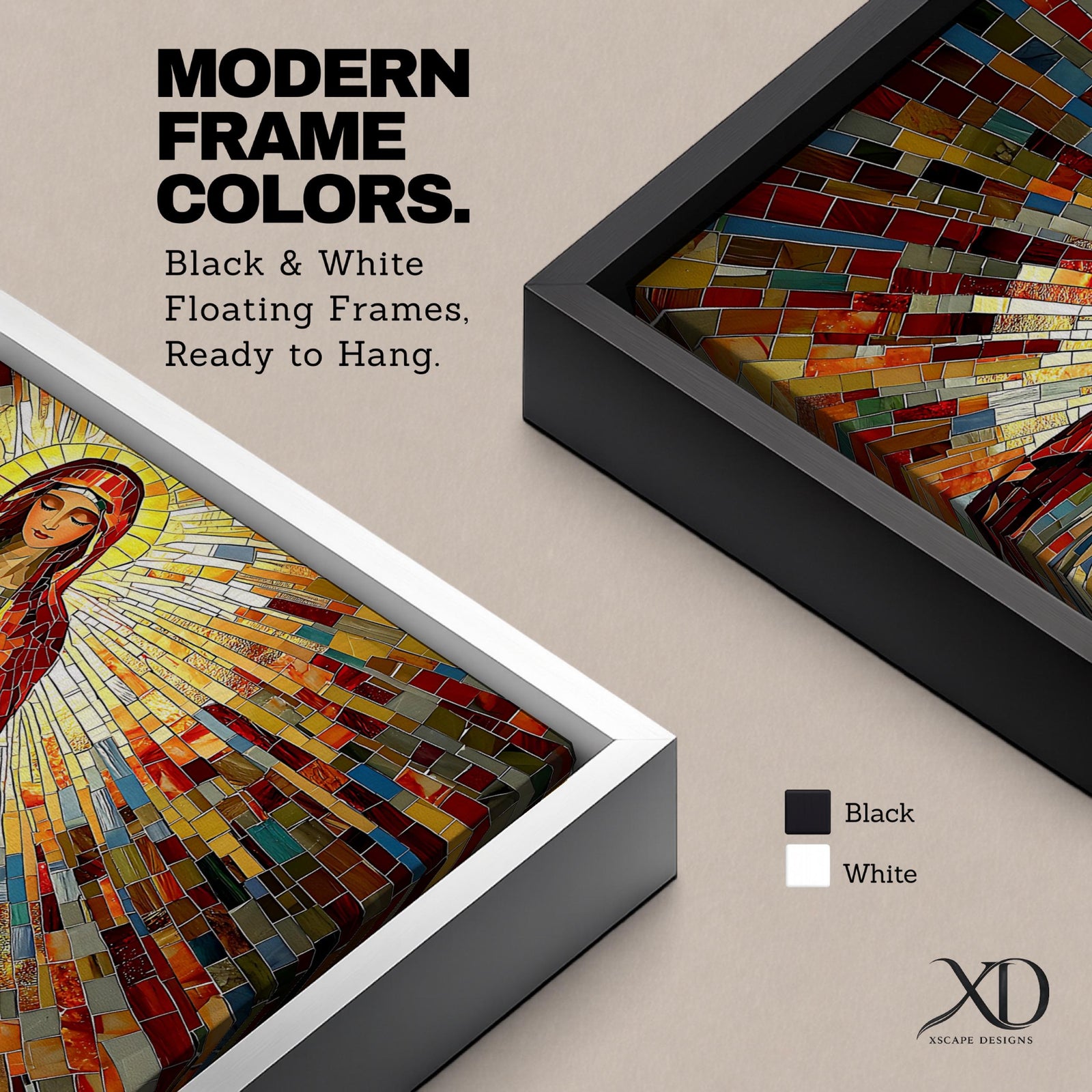 Panoramic mosaic artwork of the Virgin Mary holding the Sacred Heart with radiant stained glass rays spreading outward. The colorful tile composition forms a glowing religious icon surrounded by warm golden light and vibrant red, blue, and amber glass patterns.