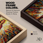 Panoramic mosaic artwork of the Virgin Mary holding the Sacred Heart with radiant stained glass rays spreading outward. The colorful tile composition forms a glowing religious icon surrounded by warm golden light and vibrant red, blue, and amber glass patterns.
