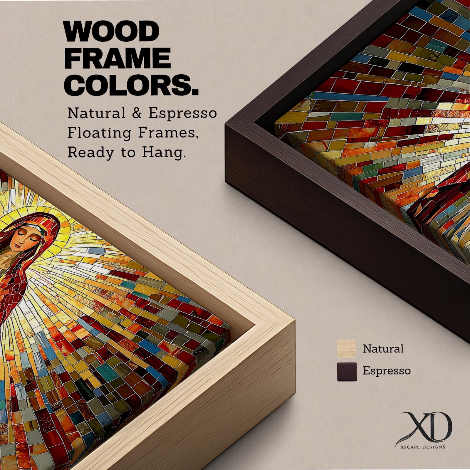 Panoramic mosaic artwork of the Virgin Mary holding the Sacred Heart with radiant stained glass rays spreading outward. The colorful tile composition forms a glowing religious icon surrounded by warm golden light and vibrant red, blue, and amber glass patterns.