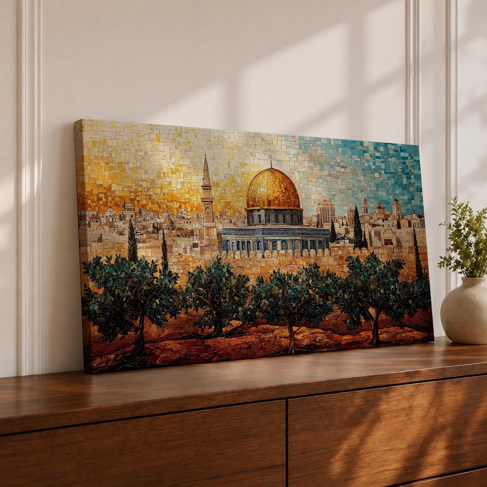 Panoramic mosaic style painting of Masjid Al Aqsa in Jerusalem with the golden dome rising above the historic skyline and olive trees in the foreground