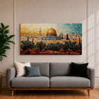 Panoramic mosaic style painting of Masjid Al Aqsa in Jerusalem with the golden dome rising above the historic skyline and olive trees in the foreground