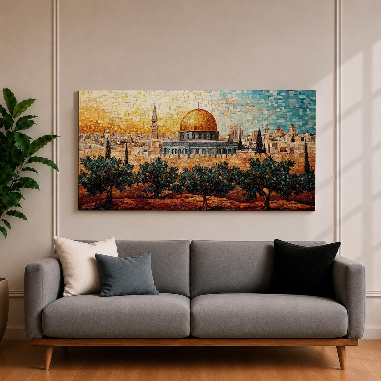 Panoramic mosaic style painting of Masjid Al Aqsa in Jerusalem with the golden dome rising above the historic skyline and olive trees in the foreground