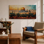 Panoramic mosaic style painting of Masjid Al Aqsa in Jerusalem with the golden dome rising above the historic skyline and olive trees in the foreground