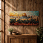 Panoramic mosaic style painting of Masjid Al Aqsa in Jerusalem with the golden dome rising above the historic skyline and olive trees in the foreground