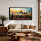 Panoramic mosaic style painting of Masjid Al Aqsa in Jerusalem with the golden dome rising above the historic skyline and olive trees in the foreground