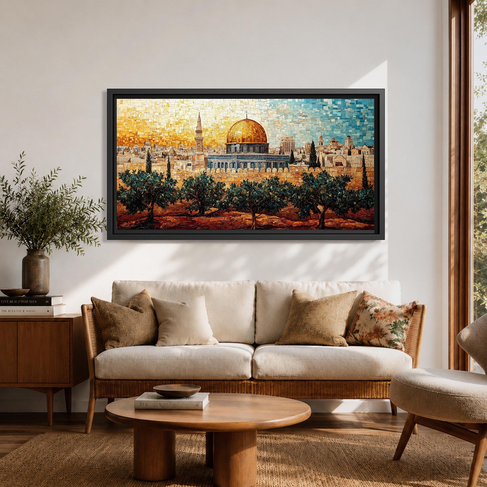 Panoramic mosaic style painting of Masjid Al Aqsa in Jerusalem with the golden dome rising above the historic skyline and olive trees in the foreground