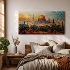 Panoramic mosaic style painting of Masjid Al Aqsa in Jerusalem with the golden dome rising above the historic skyline and olive trees in the foreground
