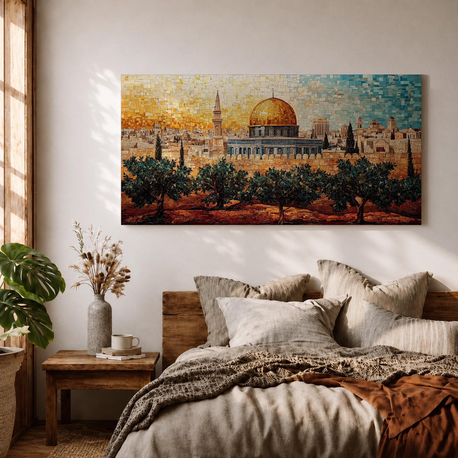 Panoramic mosaic style painting of Masjid Al Aqsa in Jerusalem with the golden dome rising above the historic skyline and olive trees in the foreground