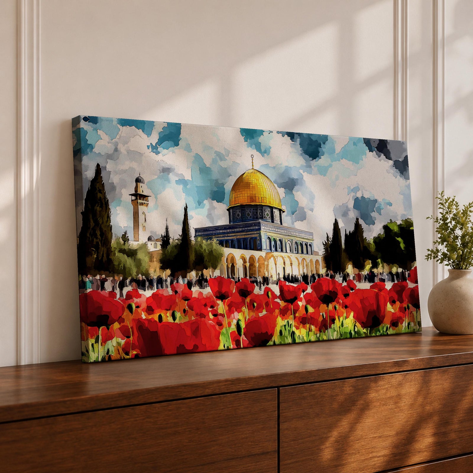 Panoramic painting of the Dome of the Rock in Jerusalem with its golden dome rising behind a vibrant field of red poppies under a dramatic cloudy sky