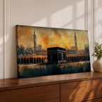 Panoramic painting of the Kaaba at Masjid al Haram in Mecca surrounded by mosque arches and minarets under a glowing golden sky