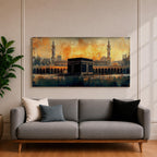 Panoramic painting of the Kaaba at Masjid al Haram in Mecca surrounded by mosque arches and minarets under a glowing golden sky