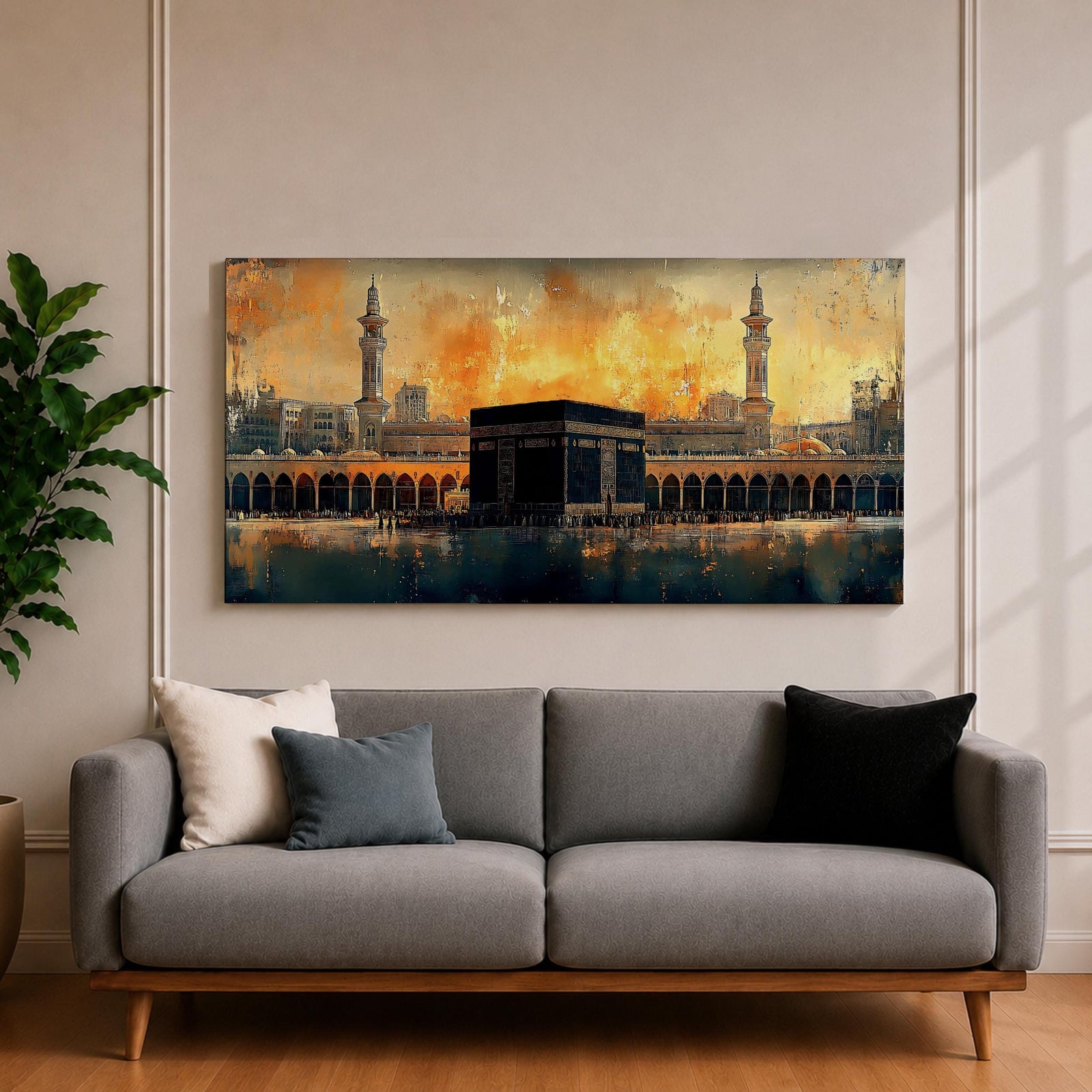 Panoramic painting of the Kaaba at Masjid al Haram in Mecca surrounded by mosque arches and minarets under a glowing golden sky