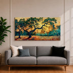 Panoramic painting of two large oak trees with twisting branches standing in a sunlit golden landscape with warm autumn tones and distant forest backdrop