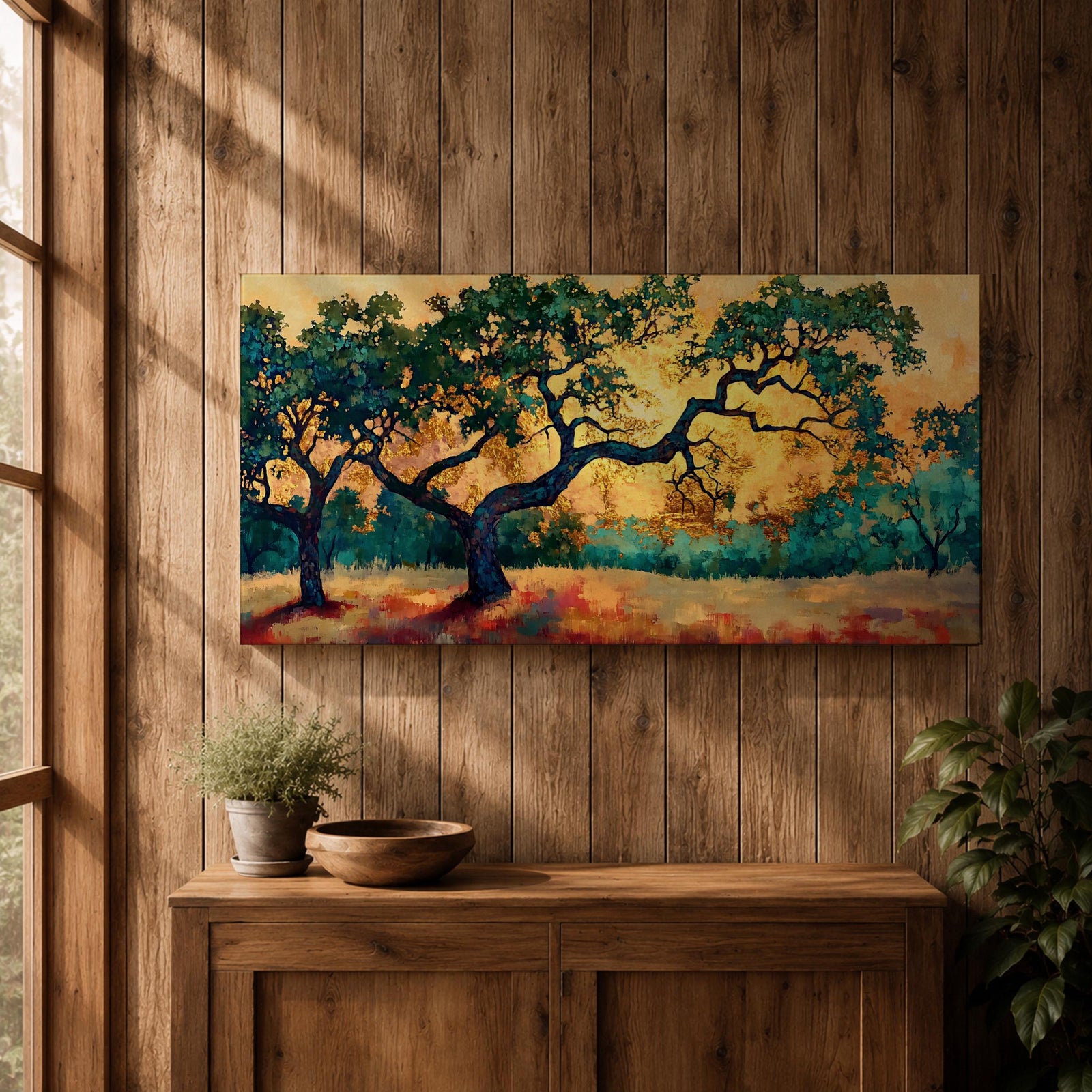 Panoramic painting of two large oak trees with twisting branches standing in a sunlit golden landscape with warm autumn tones and distant forest backdrop