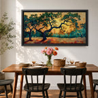 Panoramic painting of two large oak trees with twisting branches standing in a sunlit golden landscape with warm autumn tones and distant forest backdrop