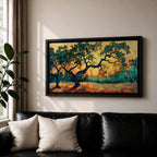 Panoramic painting of two large oak trees with twisting branches standing in a sunlit golden landscape with warm autumn tones and distant forest backdrop